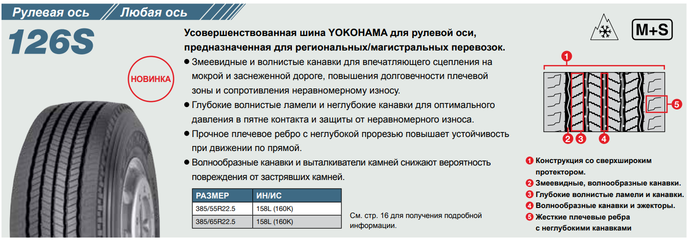 Грузовая шина Yokohama 126S 385/55 R22.5 158L, рулевая ось