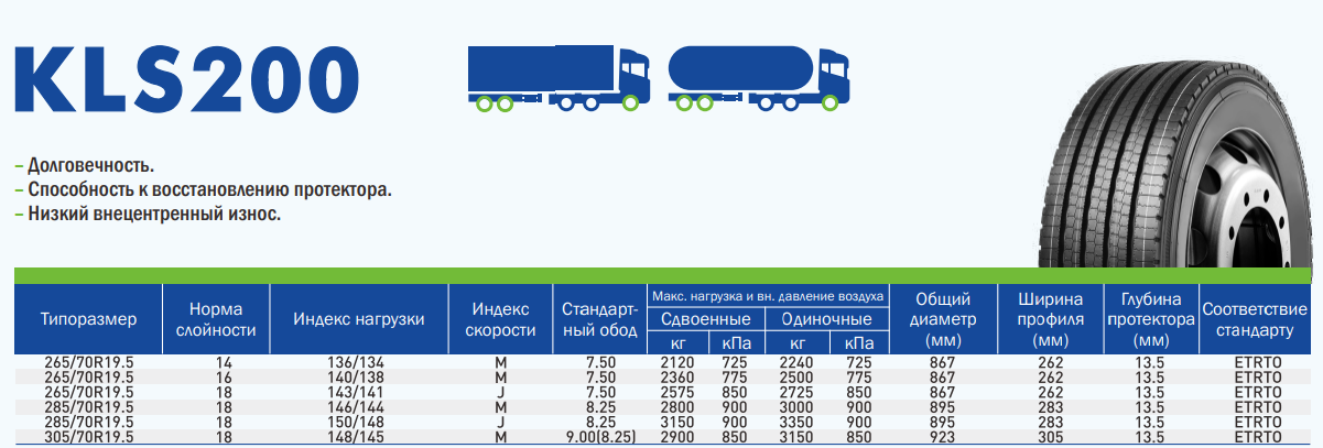 Грузовые шины LingLong 305/70R19.5 KLS200 148/145M 18PR TL