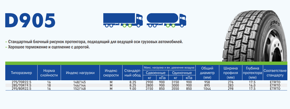 Грузовые шины LingLong 275/70R22.5 D905 148/145M 16PR TL