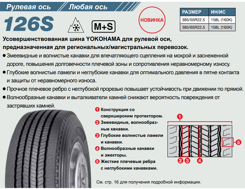 Грузовая шина Yokohama 126S 385/55 R22.5 158L, рулевая ось